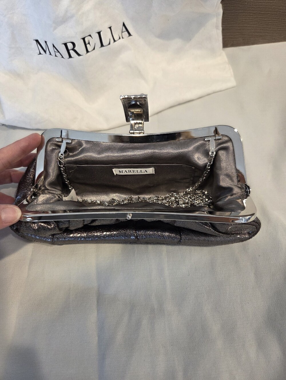 MARELLA Metallic Silver Evening Clutch with Crystal Buckle - Picture 7 of 11